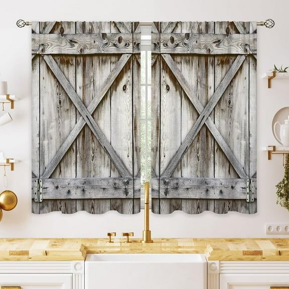 Farmhouse Grey Barn Door Small Kitchen Curtains Rustic Wooden Plank Window Treatment Country Wood Vintage Western Cafe Short Curtains for Bathroom Dining Room Tier Treatment Drapes 27.5"x39"