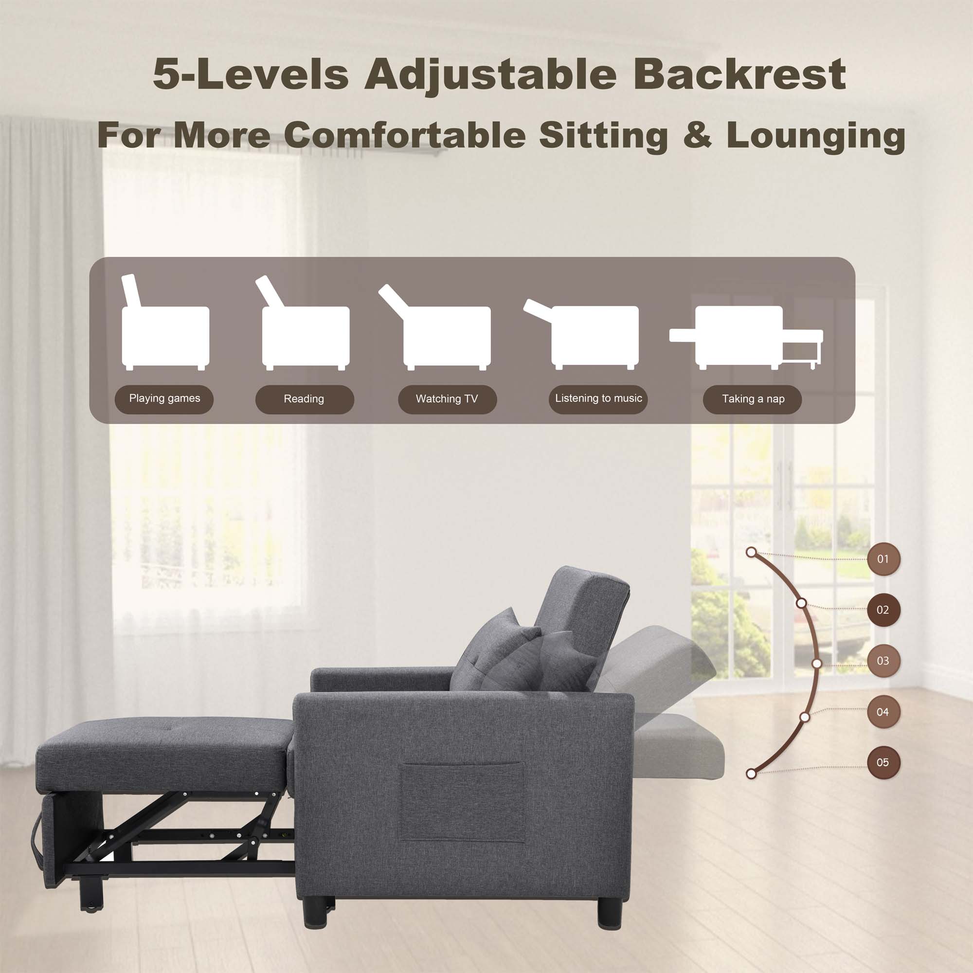 Aukfa Single Sofa Bed with Pull Out Sleeper, Convertible Futon Chair with Pocket for Living Room/Small Space - Dark Gray