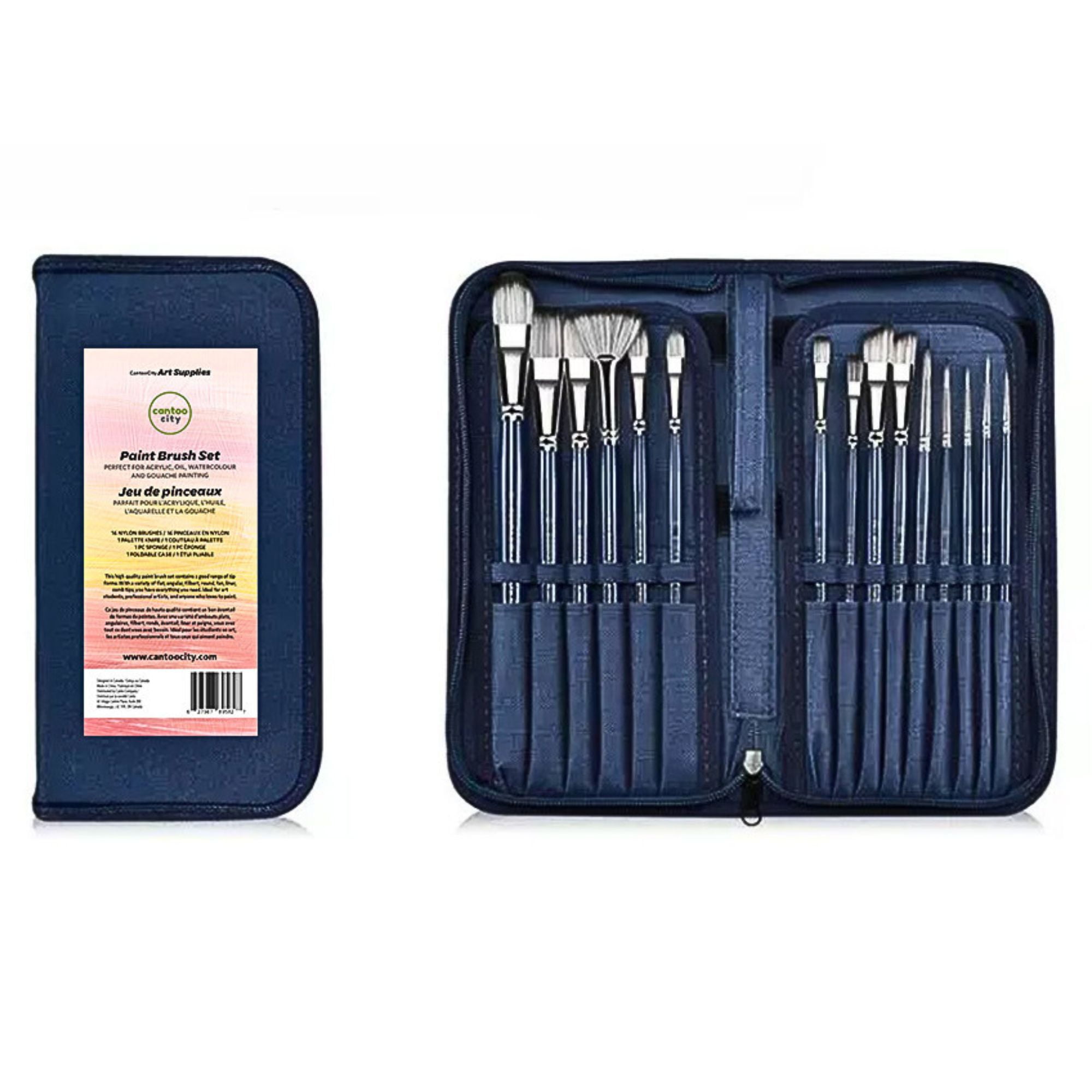 Cantoo City All Purpose 16 Pcs Nylon Paint Brushes, 1 Palette Knife, 1 Sponge & 1 Storage Case Set - Paint Brush Set for Gouache, Acrylic, Oil & Watercolor Painting