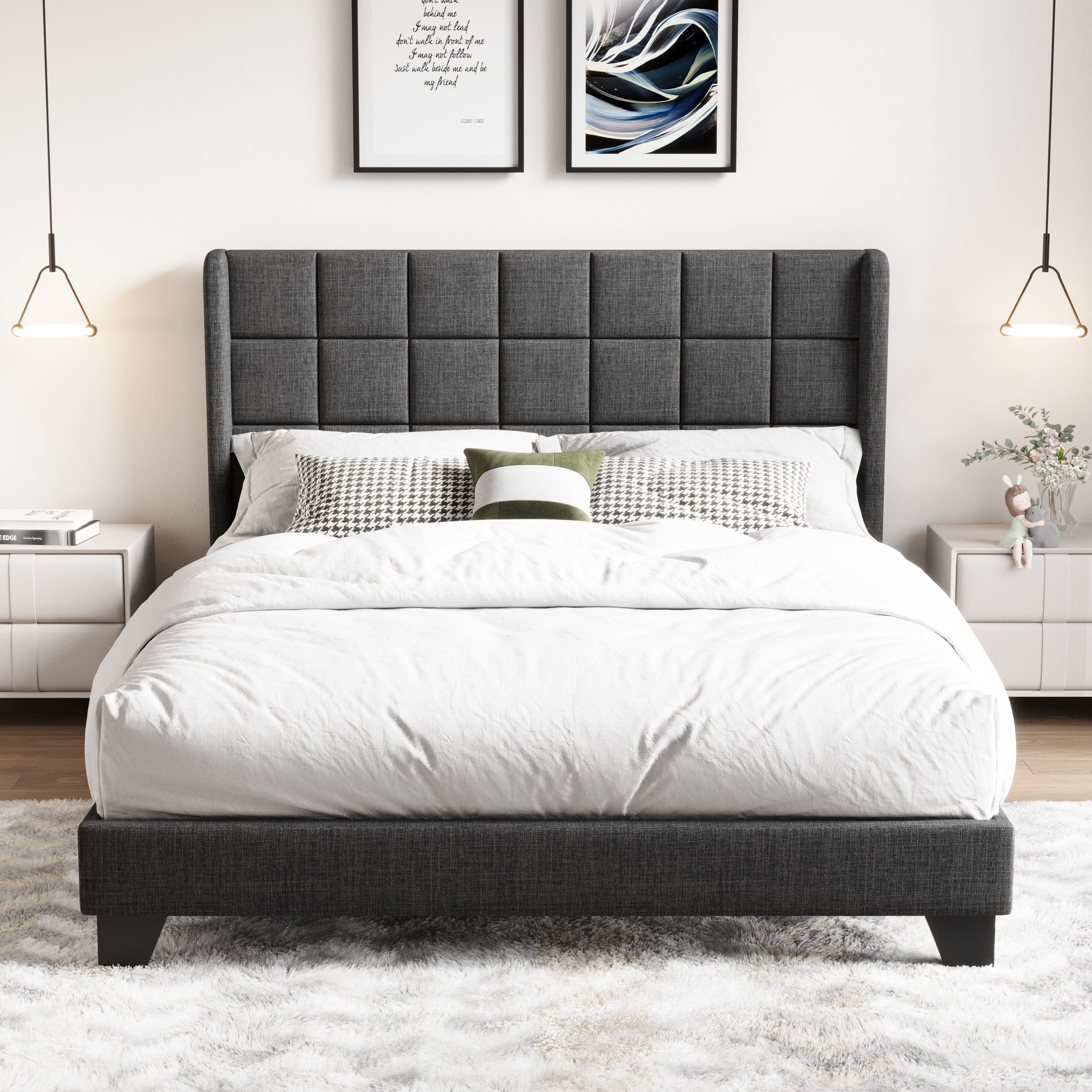 Amolife Queen Size Platform Bed with Wingback Headboard, Square Stitched Style, Dark Grey