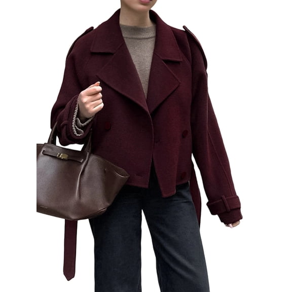 Womens Cropped Wool Coats Belted Double Breasted Pea Coat Short Jacket Notched Lapel Trench Coat with Pockets Wine Red L