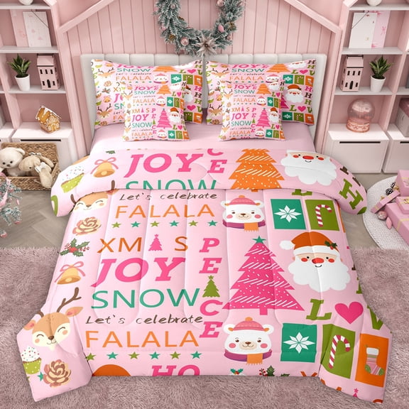 Homewish Magic Santa Claus Twin Bedding Sets 7-Piece, Girly Pink Xmas Tree Bedding Comforter Set, Kawaii Christmas Cartoon Reversible Sheet Sets, Super Cozy Room Decor
