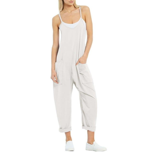 TrendOFT Jumpsuits For Women Casual Summer Solid Loose Pocket Spaghetti Strap Wide Leg Womens Overalls Rompers White XL