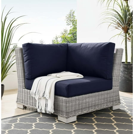 Modway Conway Outdoor Patio Wicker Rattan Corner Chair in Light Gray Navy