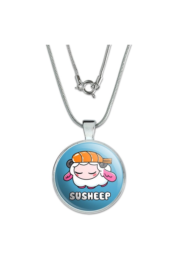 Cute Shrimp Sushi Susheep Sheep 1" Pendant with Sterling Silver Plated Chain