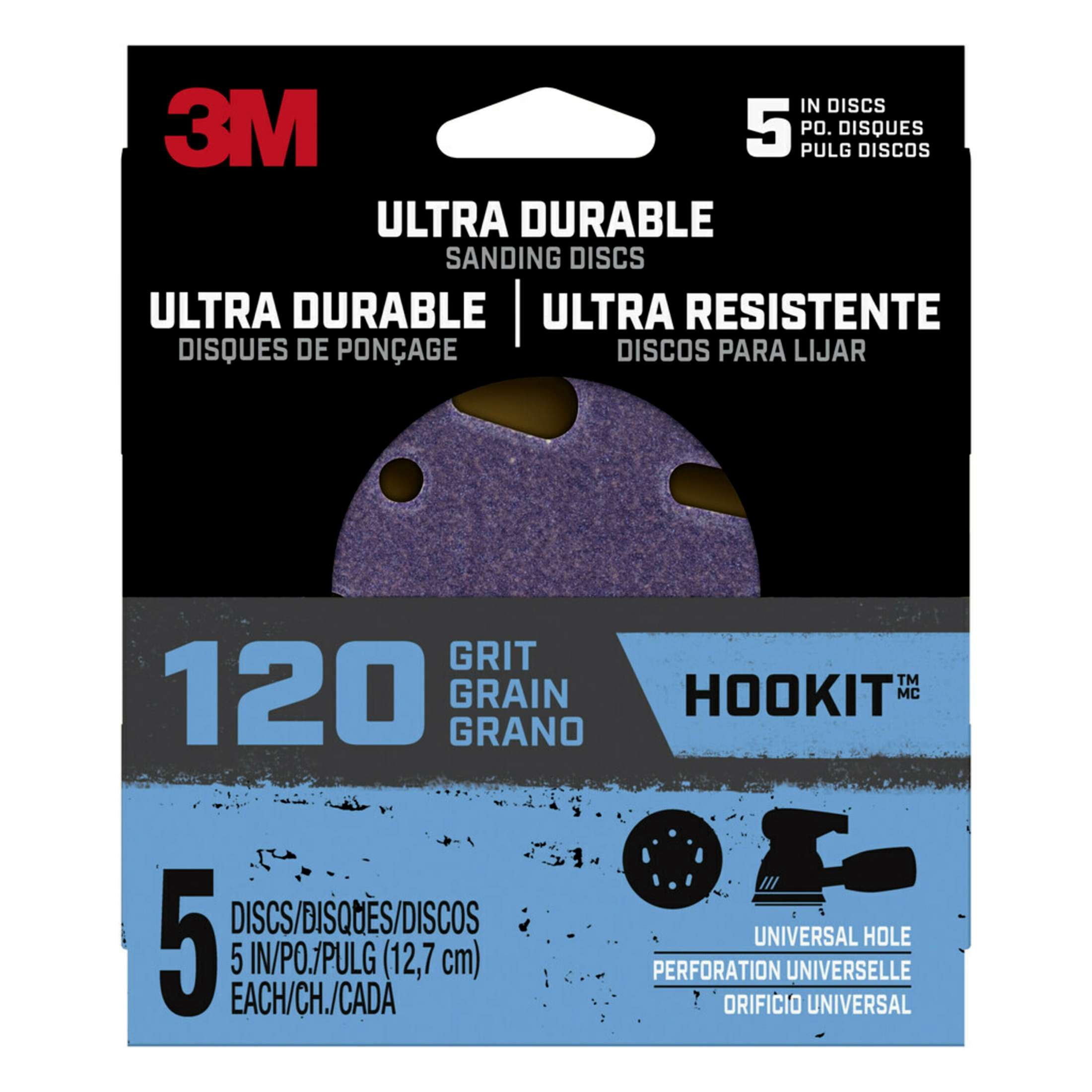 3M Ultra Durable 5 inch Power Sanding Discs, Universal Hole, 120 grit, 5 Pack