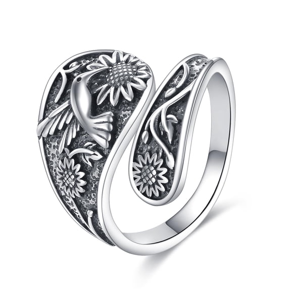 YAFEINI Hummingbird Sunflower Ring Sterling Silver Vintage Spoon Ring Jewelry Gifts for Women