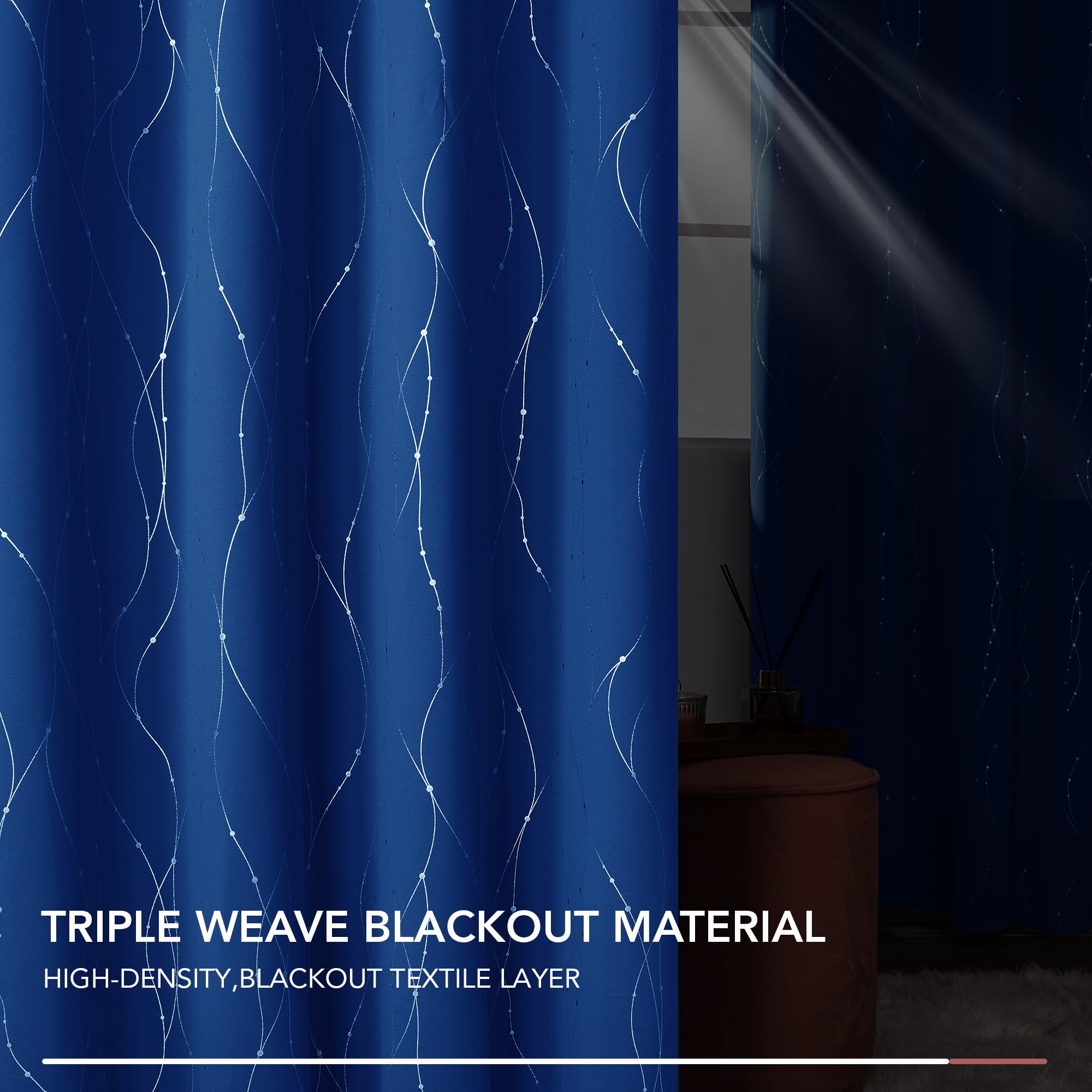 ZOPZO Blackout Curtains, Energy Saving, 2 Panels, Royal Blue, 52W x 95L Inch, Noise Reducing, Thermal Insulated With Wave Line and Dots