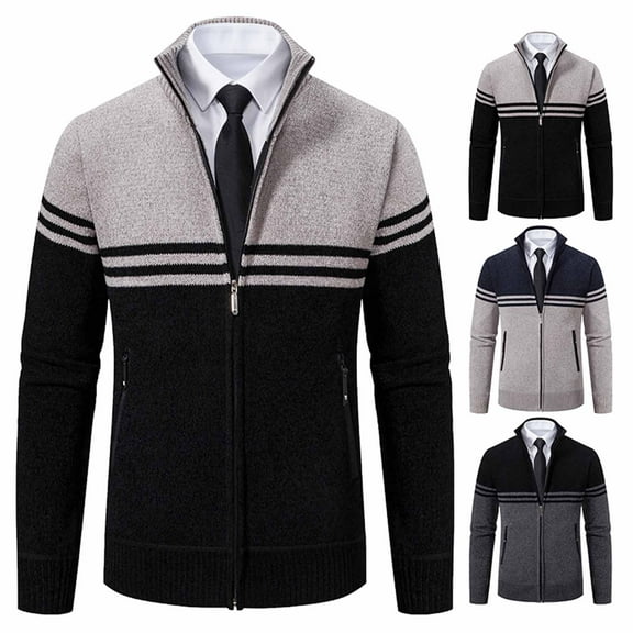 Miluxas Mens Full Zip Cardigan Sweater Casual Knit Stand Collar Cardigan Slim Fit Color Block Fall Winter Sweaters Khaki XL(XL)