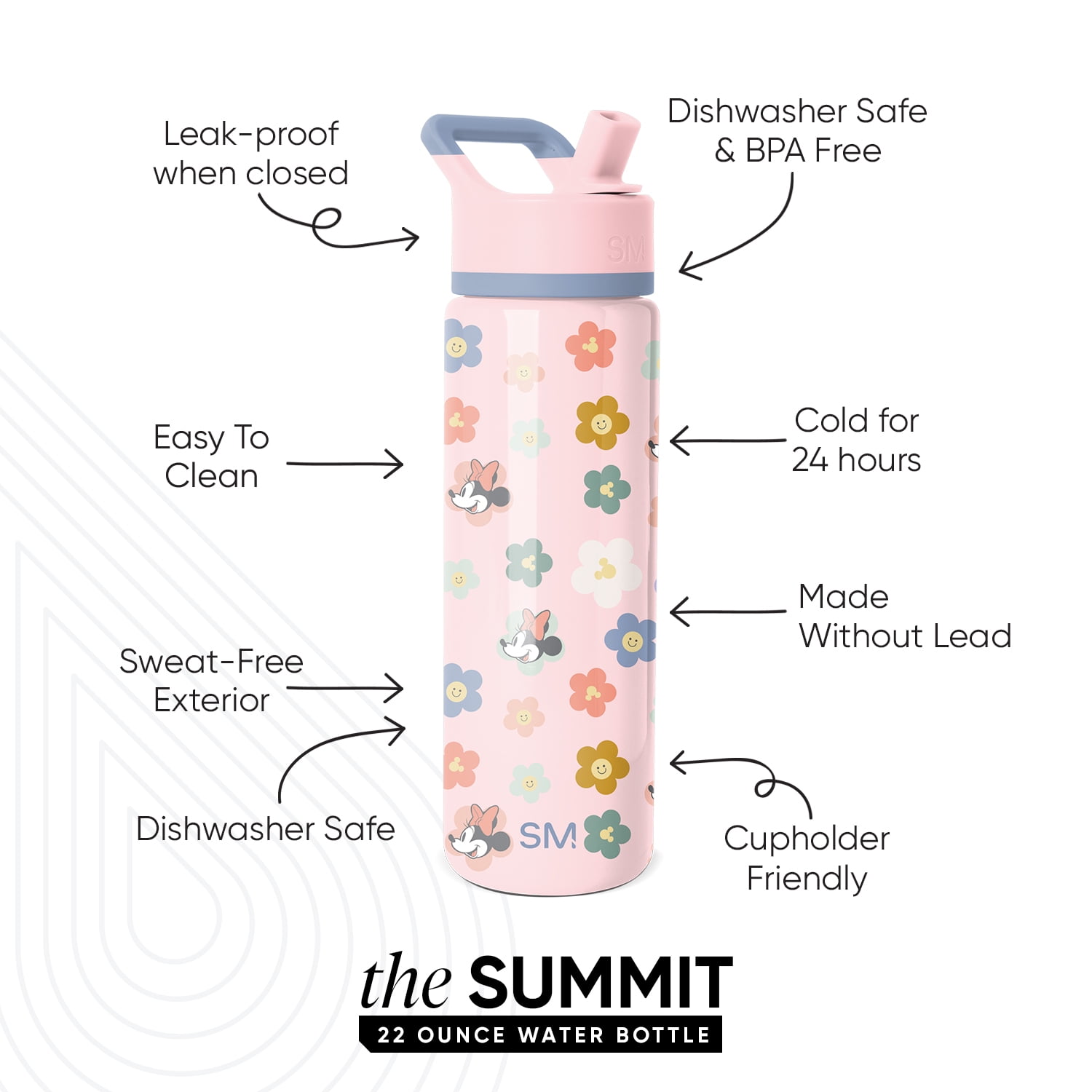 Simple Modern Disney Minnie Mouse 22 fl oz Insulated Stainless Steel Summit Wide Mouth Water Bottle with Straw Lid|Minnie Mouse Florals