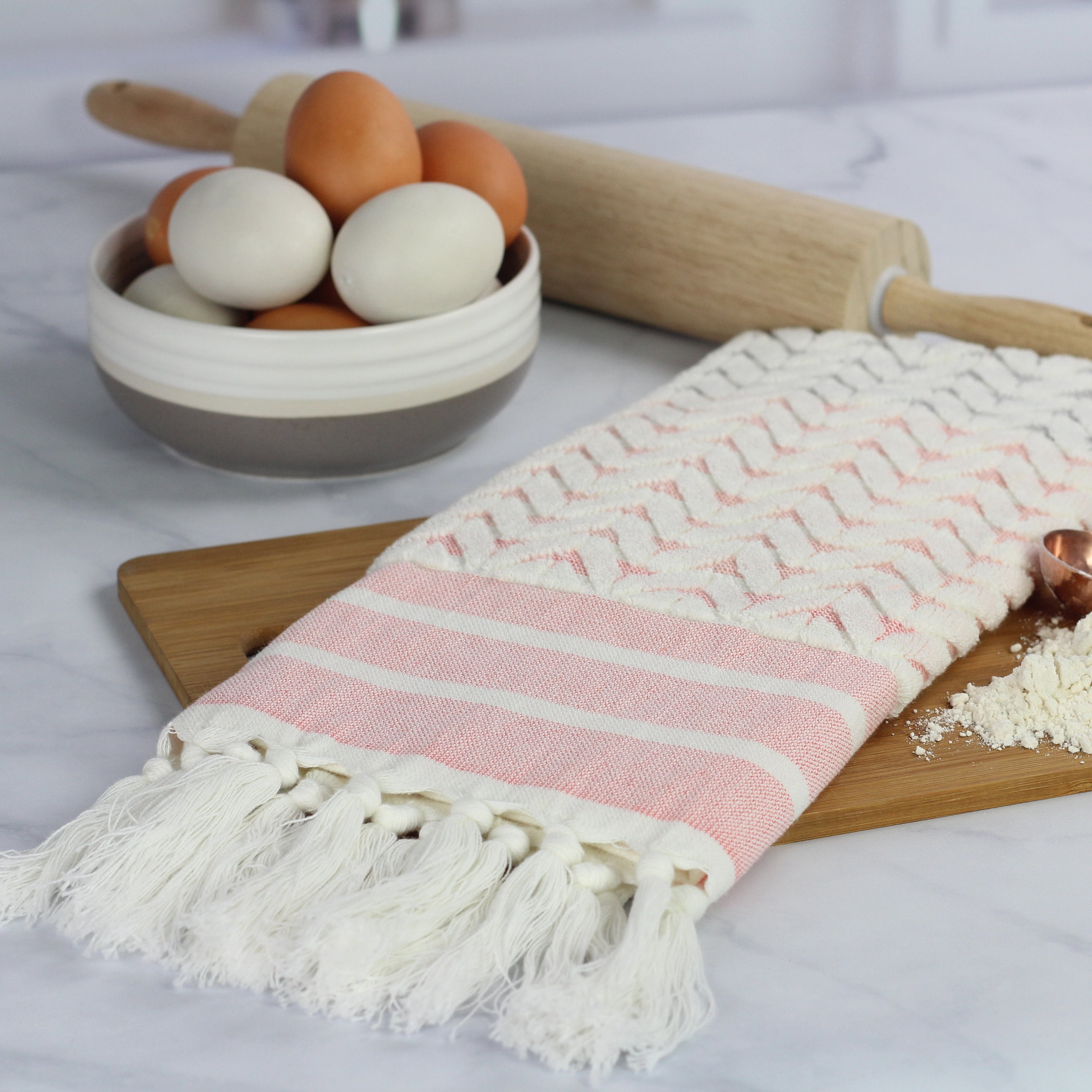Peach & Oak Single Kitchen Towel, Coral Sculpted Chevron