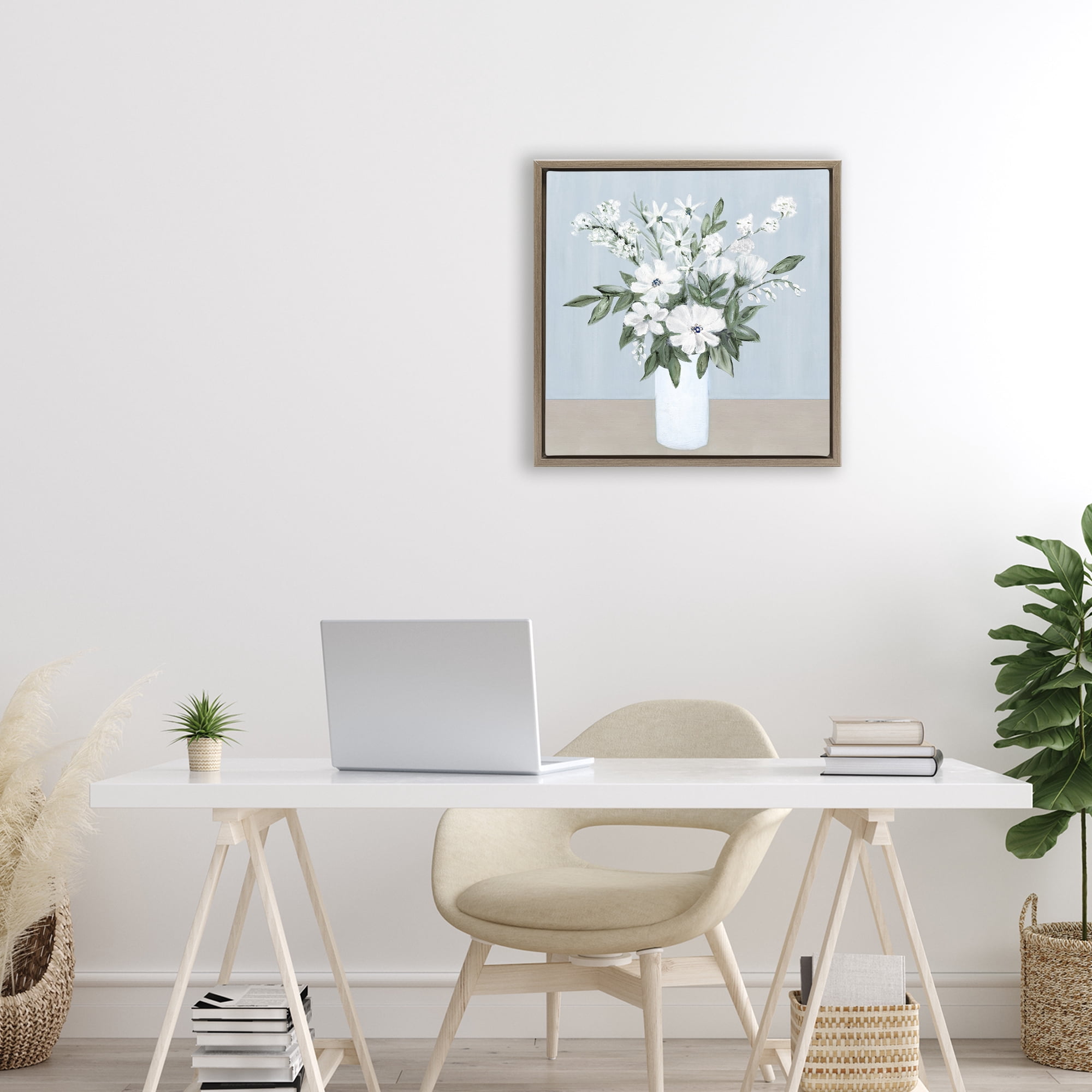 Stupell Industries Mixed White Blooms on Blue Brown Framed Floater Canvas Wall Art, design by Marilyn Dunlap