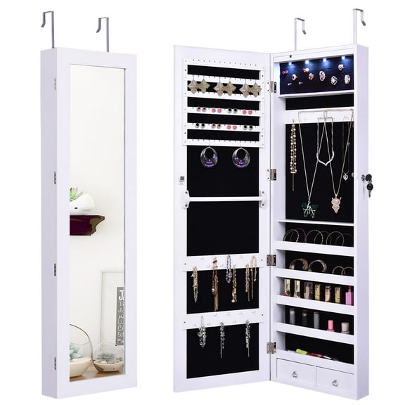 Giantex 15 LEDs Mirror Jewelry Armoire, Lockable Wall Door Mounted Jewelry Cabinet with Full-Length Mirror, Large Storage Capacity Jewelry Organizer Cabinet Armoire for Girls Women, White