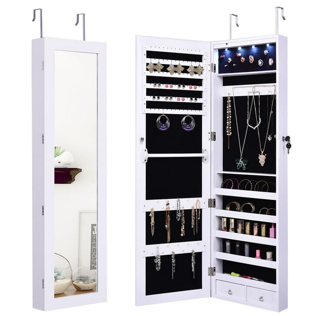 Giantex Jewelry Armoire with Full-Length Mirror and 15 LED Lights, White