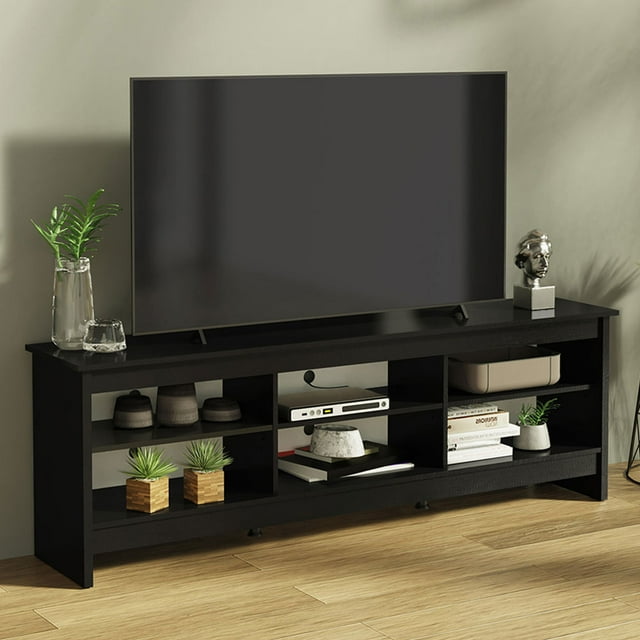 Madesa Media Console TV Stand Entertainment Center in black, designed for 65 to 75-inch televisions. Features six spacious shelves for storage, cable management holes for organized wiring, and a modern design. Made from high-quality particle board with a durable finish, suitable for living rooms and bedrooms.
