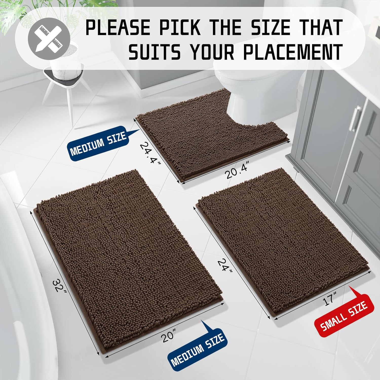 Bathroom Rug Mat, 32'' x 20'', Luxury Chenille Shaggy Bath Rugs, Extra Soft & Thick, Absorbent Water, Non-Slip, Machine Washable, Bath Mats for Bath Floor,Tub and Shower, Brown