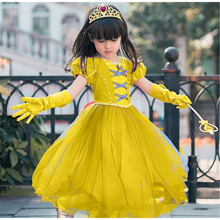 GEEKEO Yellow Crown Cosplay Accessories for Birthday Party Girls Gift,  Princess Dress Up Party Costume Role Play Bella with Tiara Wand Gloves  Earrings