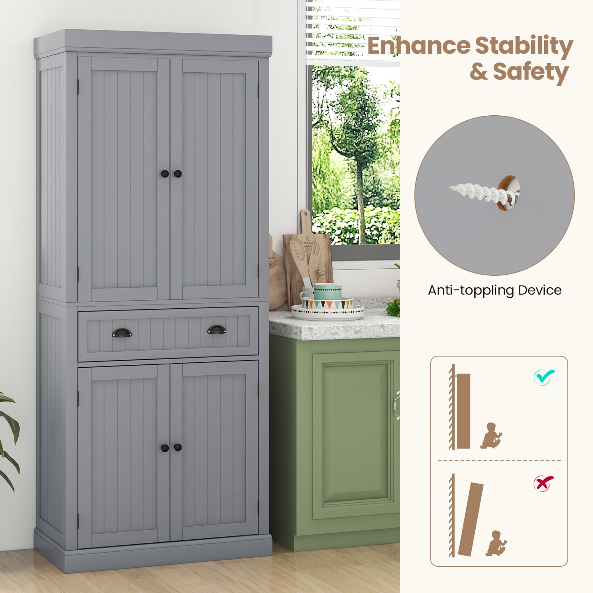 Gymax 72'' Kitchen Pantry Storage Cabinet Tall Freestanding Cupboard w/ 4 Doors Large Drawer Gray