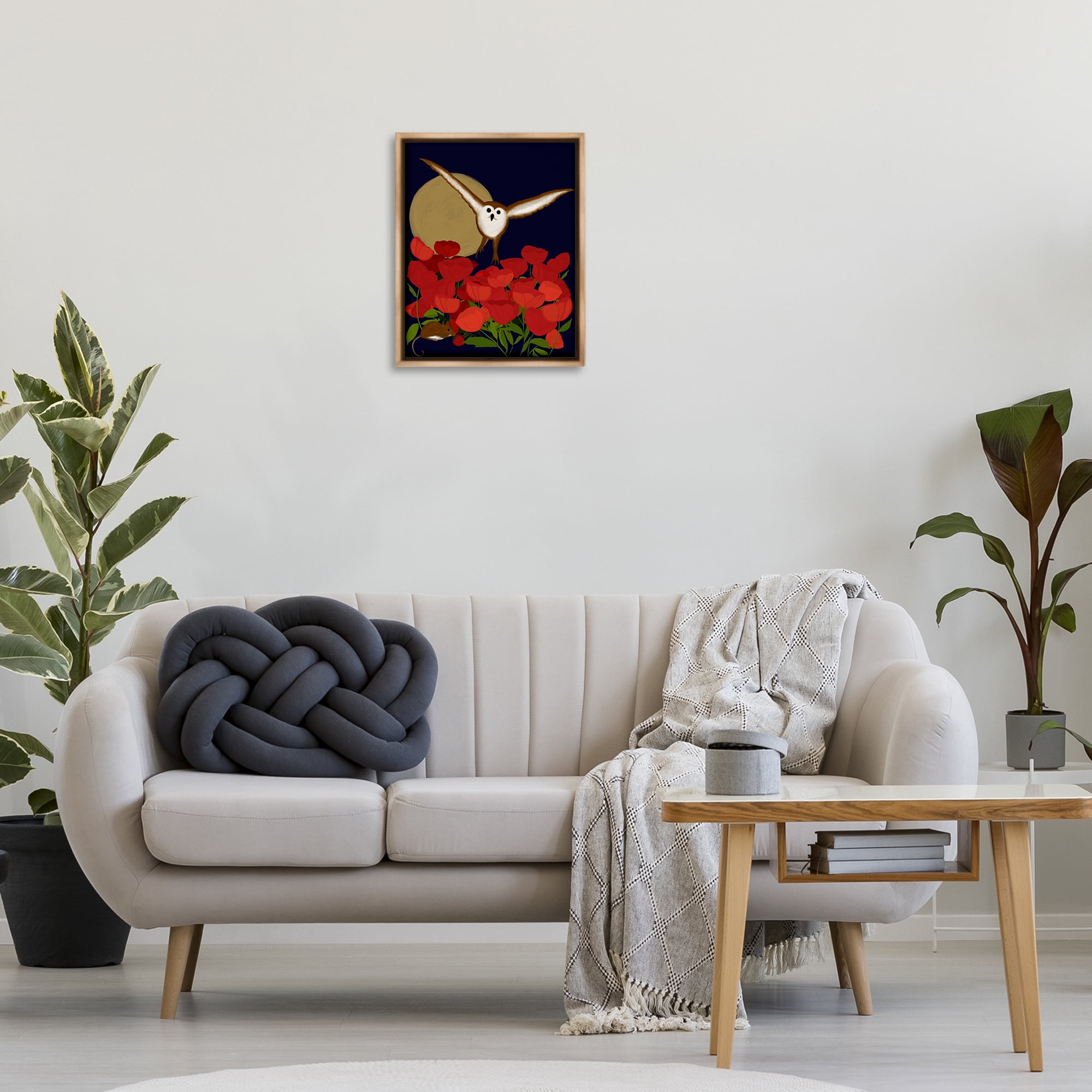 Stupell Industries Owl over Poppy Field Animals Painting Brown Floater Framed Canvas Art Print Wall Art, 17 x 21