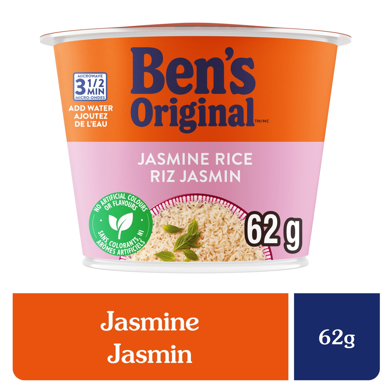 BEN'S ORIGINAL™ Jasmine Rice Single Serve Cup, Snack or Side, Microwave in 3.5 Minutes, 62g, BEN JASMINE SINGLE SERVE CUP 62g