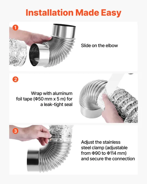 90 Degree 4-Inch Dryer Vent Elbow Kit - Includes 4 Clamps & Aluminum Foil Tape (2-Pack) for Efficient Ventilation