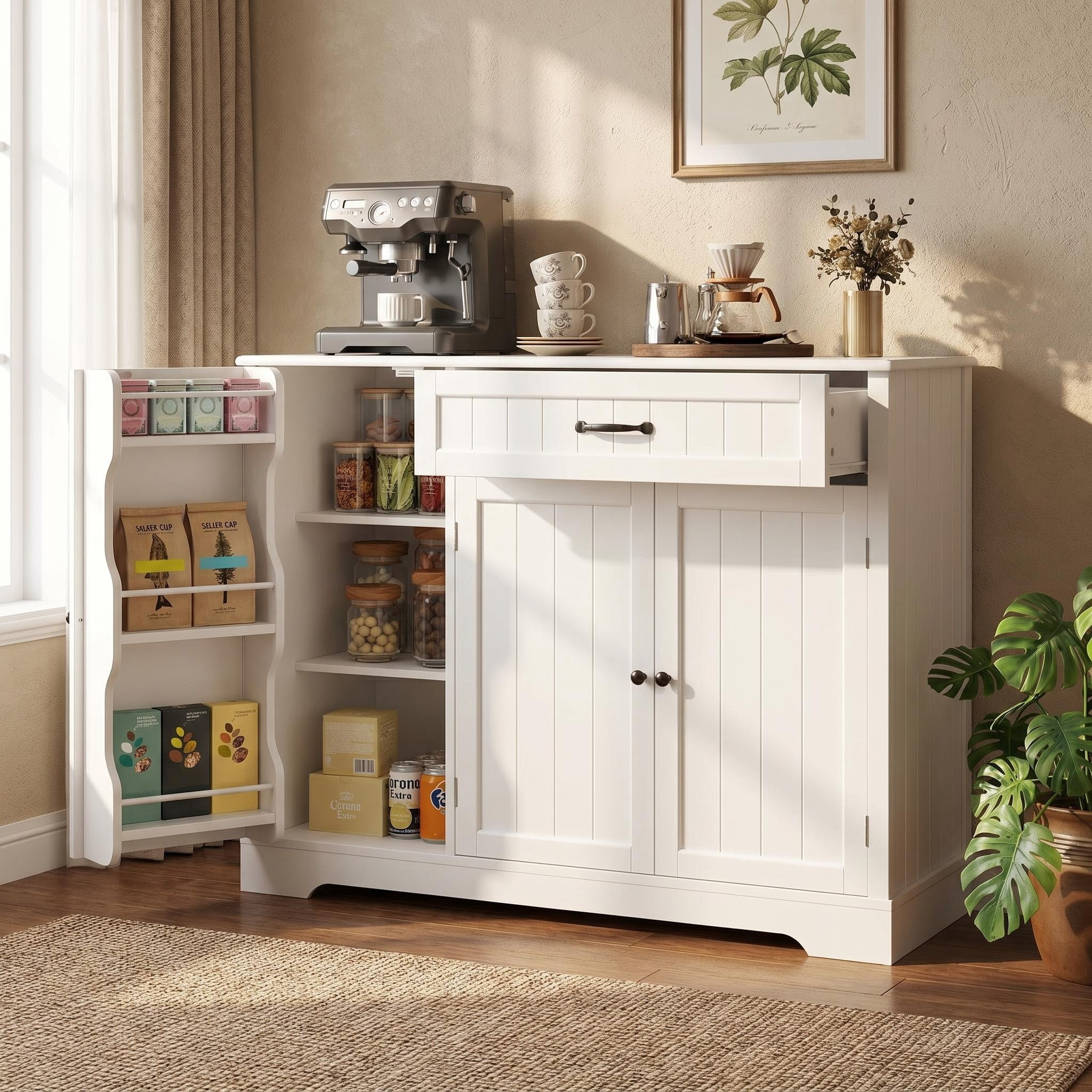 Coffee Bar Cabinet, Lofka 42" Farmhouse Kitchen Storage Sideboard Buffet Cabinet with 8 Shelves & 1 Drawer, Multifunctional Console Table for Dining Room Living Room Entryway Home Coffee Station, Whi