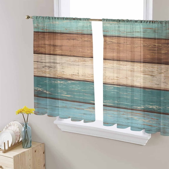 Farmhouse Teal Brown Sheer Curtains 54 Inch Length 2 Panels Set for Living Room/Bedroom, Vintage Retro Wooden Semi Curtain Sheers Drapes Rod Pocket Curtains Window Treatment Set 52''x54''x2