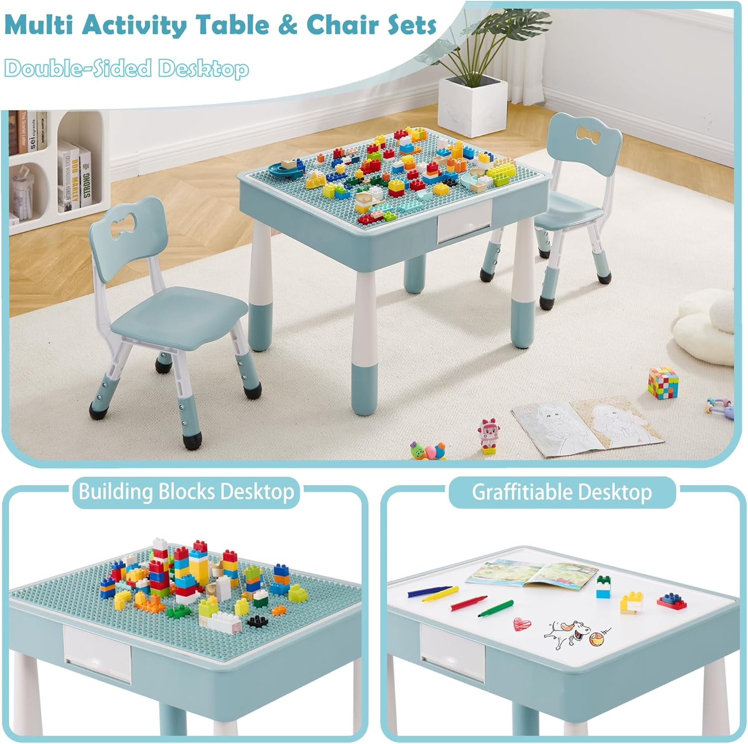 4 in 1 Kids Table and Chairs Set, Toddler Table and Chair Set for Kids Ages 3-10, 29.5" L x 23.6" W Activity Table w/Storage, Graffiti & Building Blocks Double-Sided Tabletop, Grayish Blue