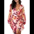 thumbnail image 2 of Vestido Corto Femenino de con Estampado Floral, Larga, Corte A, Cuello Cruzado, Espalda Anudada Naranja y Rojo XL, 2 of 10