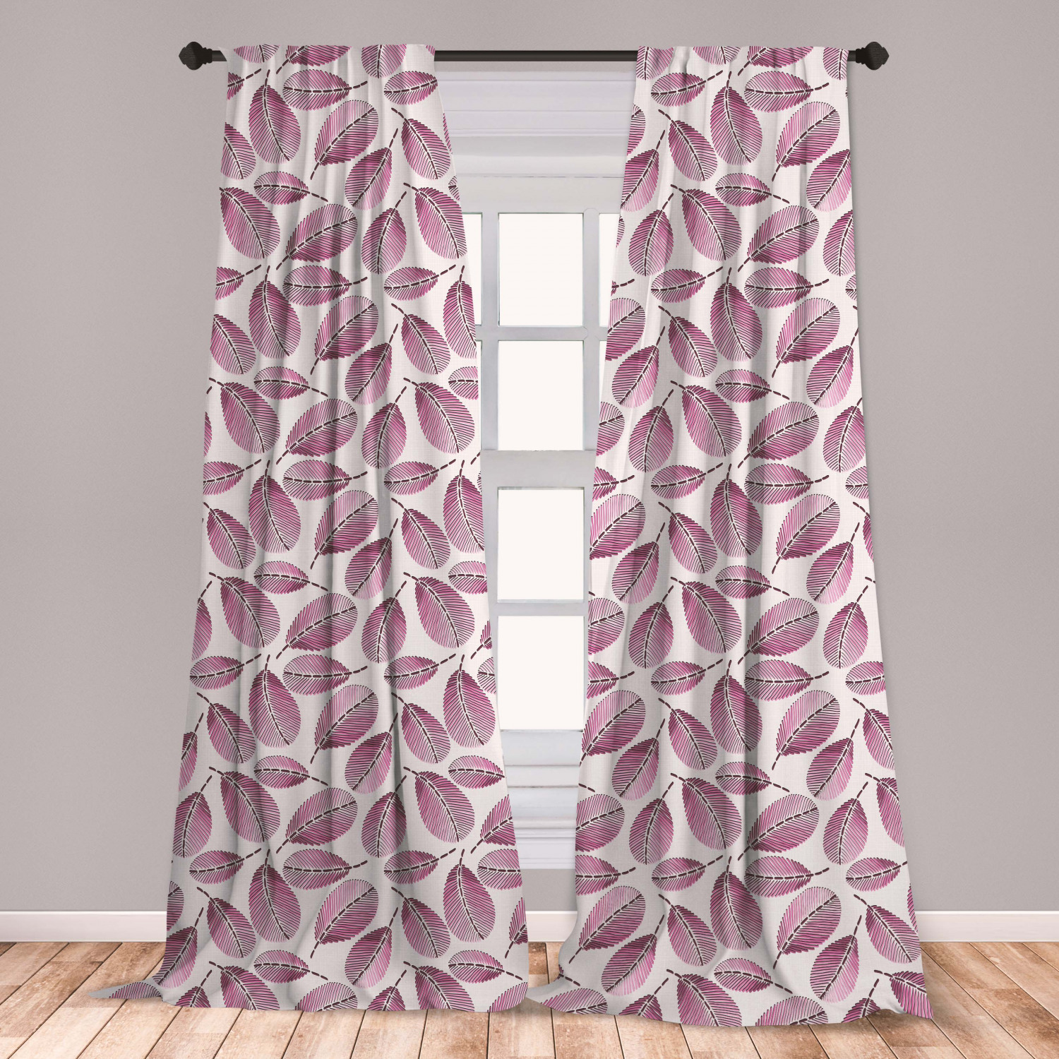 Leaves Curtains 2 Panels Set, Print of Stripes and Dashes Forming Leafy