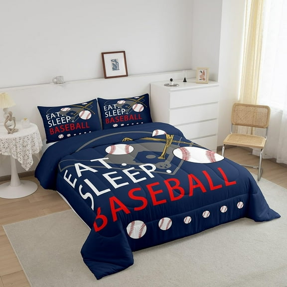Kids Baseball Gaming Coverlet Set Queen Size Navy Blue Comforter Set for Boys Girls Teens Bedroom Decor Softball Comforter Women Men Ball Games Quilt Set with 2 Pillow Case