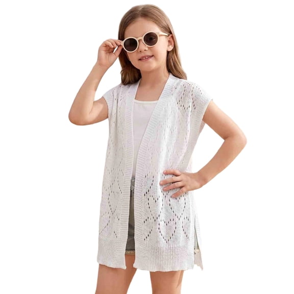 Girl's Crochet Sheer Open Front Swim Cover Up Short Sleeve Summer Beach Kimono Swimsuits