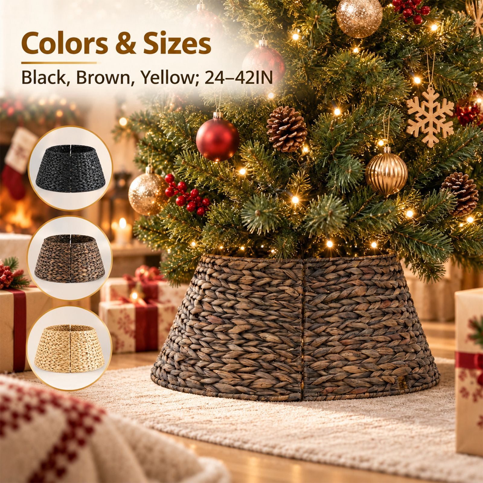 Alvantor Christmas Tree Collar, Woven Rattan Stand Cover with Cord Port, Black 24IN