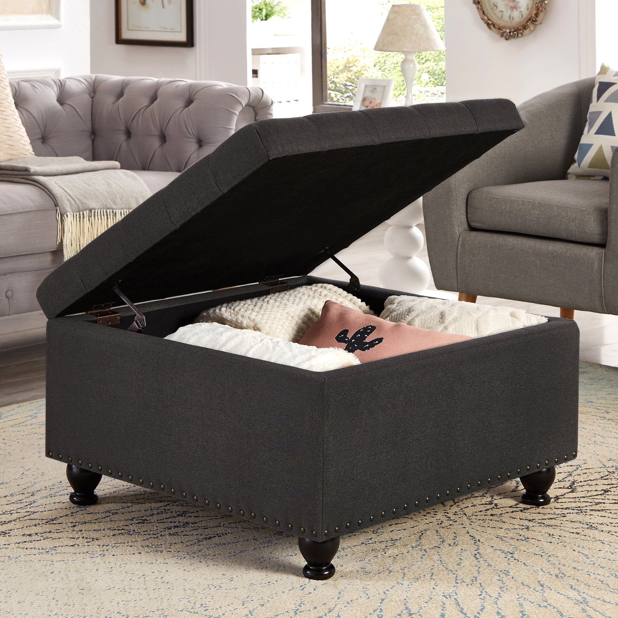 CQSXDA Large Square Storage Ottoman with Wooden Legs, Upholstered Button Tufted Coffee Table with Nail Trims