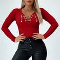 thumbnail image 2 of Sexlip Womens V Neck Long Sleeve Blouse Lace Up Front Design Stretchy Fabric Slim Silhouette for Evening Occasions Red L, 2 of 6