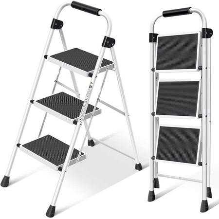 Simpli-Magic Folding Ladder 3-Step Foldable Step Stool with Anti-Slip Pedal  White
