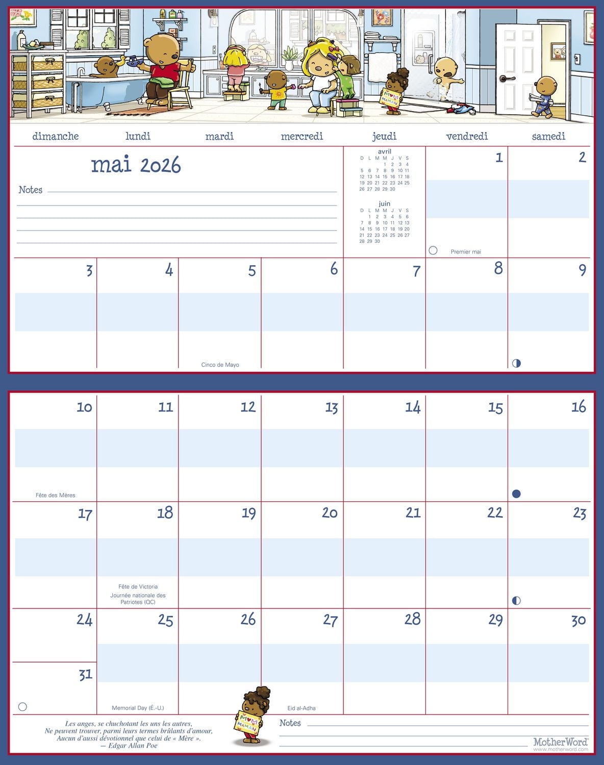 Calendrier magnétique Motherword 2026 pour réfrigérateur/mur (Version Côte à Côte) - Français Calendrier