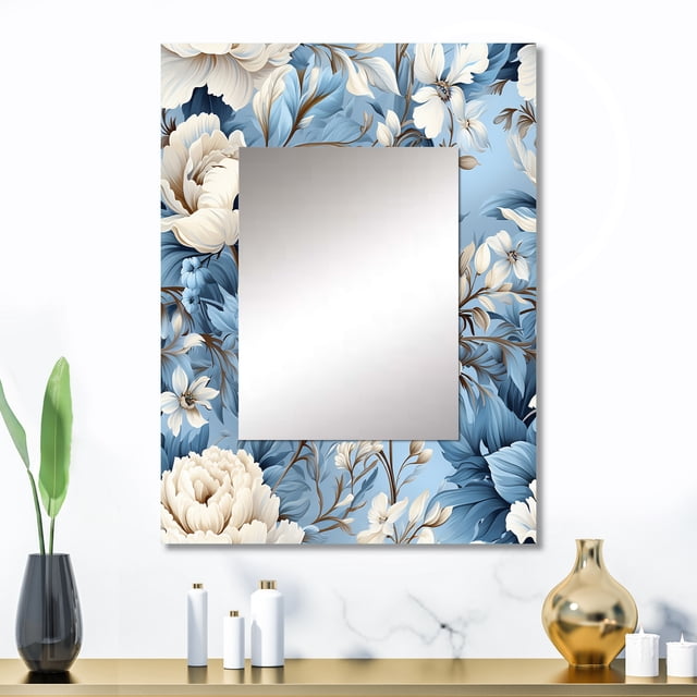 Designart "Ethereal Flourishing Rococo VII" Floral Wall Mirror, Printed Blue Wall Mirror, Traditional Bathroom Wall Mirror, Decorative Floral Mirror - 24x32 Inch
