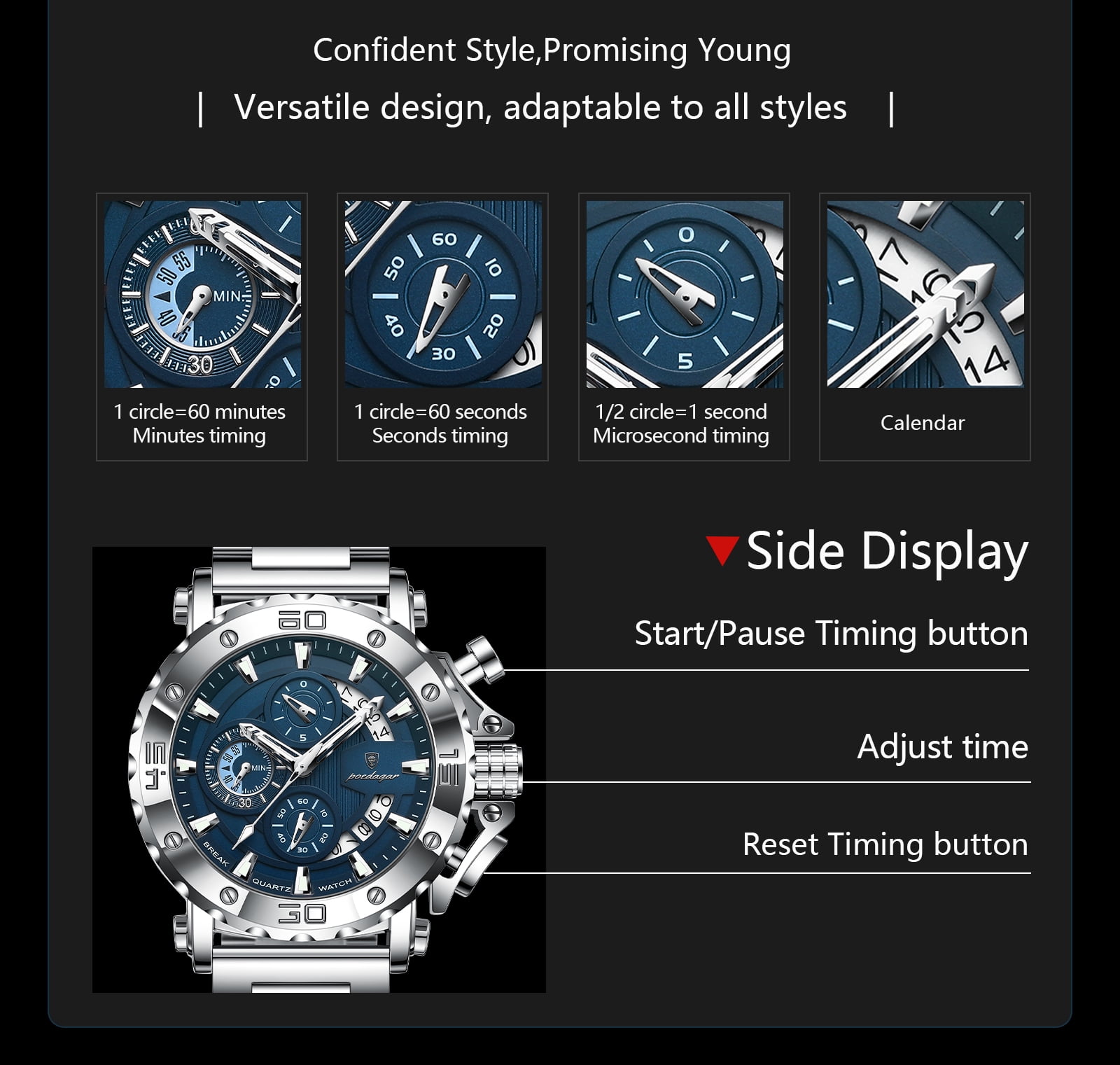 Poedagar Chronograph Watch For Men Luminous Waterproof Alloy Case Stainless Steel Men's Quartz Watch