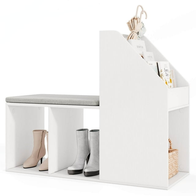 Costway Shoe Storage Bench with Removable Seat Cushion 3 Side Storage Compartments