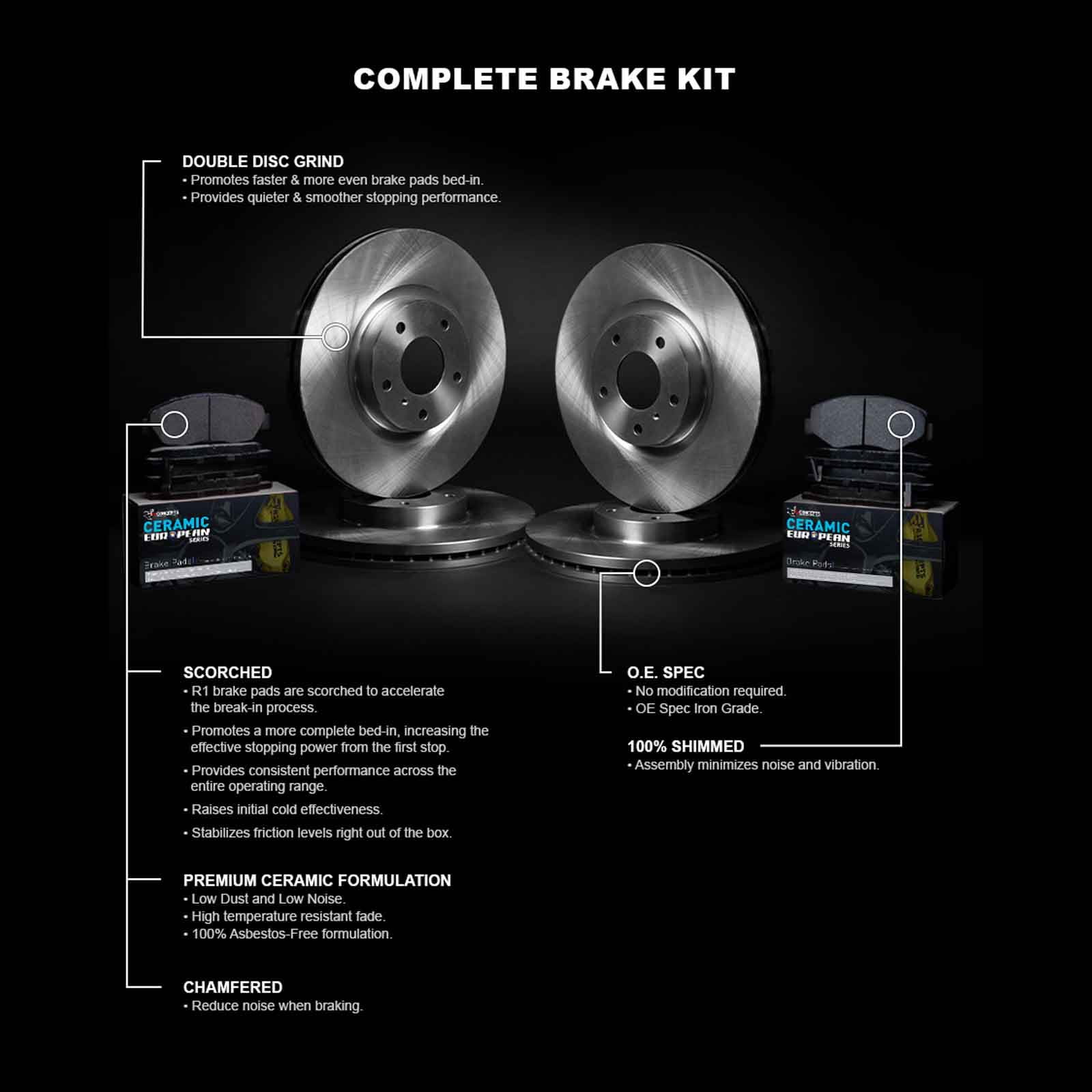 R1 Concepts Front Rear Brakes and Rotors Kit |Front Rear Brake Pads| Brake Rotors and Pads| Euro Ceramic Brake Pads and Rotors WFTN2-63034