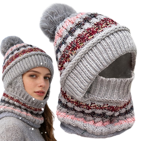 CAIMYY Thermal Fleece Hooded Scarf And Beanie Set For Women, Windproof Neck Warmer And Winter Ski Hat, All-In-One Knitted Hat And Scarf Combo For Skiing And Outdoor Winter Activities