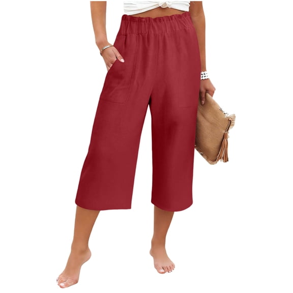 XFLWAM Womens Wide Leg Capri Pants Summer Palazzo Elastic High Waisted Linen Cropped Pants Casual Loose Lounge Beach Trousers Red XXL