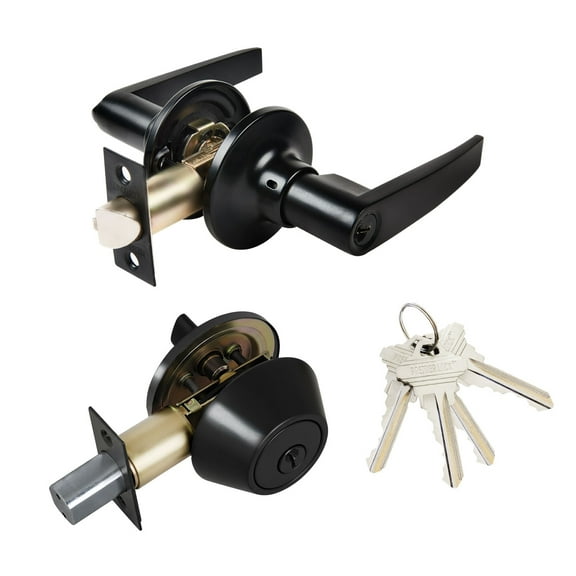 Matte Black Entry Door Handle Combo Lock Set with Deadbolt and 4 SC1 Keys, Keyed Alike
