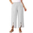 thumbnail image 3 of Thousandth Women's Cotton Linen Pants Casual Summer Elastic Waist Wide Leg Loose Fit Palazzo Pants Cropped Trousers with Button Decor and Slit Hem Daily Wear, 3 of 7