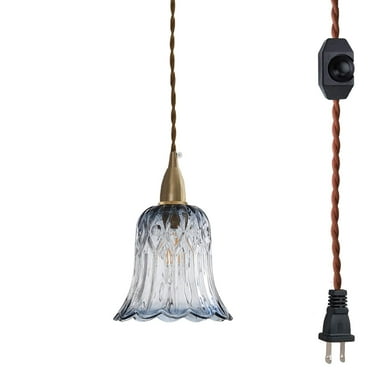 FSLiving Hanging Swag Lamp Pendant Light with 15ft Plug-in UL Dimmable Cord Brass Finished E12 Socket Tiffany Ink Blue Glass Lamp Nordic Industrial Hanging Lamp for Corner Lighting - 1 Light