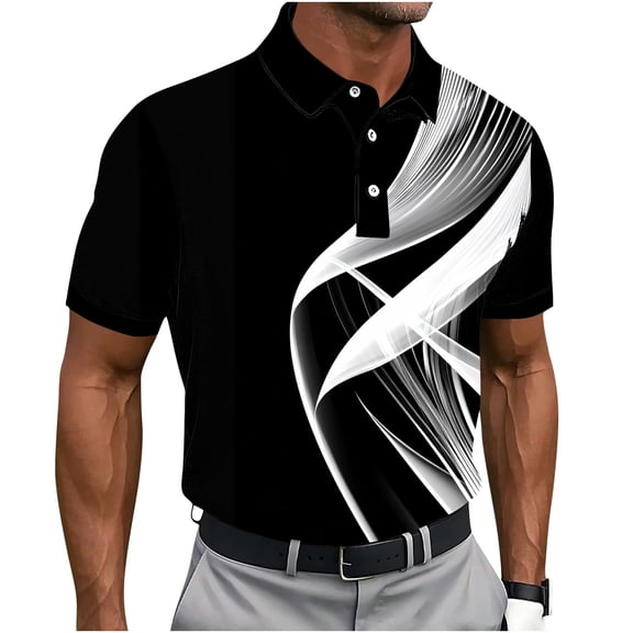 Alkepwun T-Shirts for Man Geometric Print Short Sleeve Collared 3-Button Collar Formal Shirt Lightweight Comfortable Breathable Golf Tops