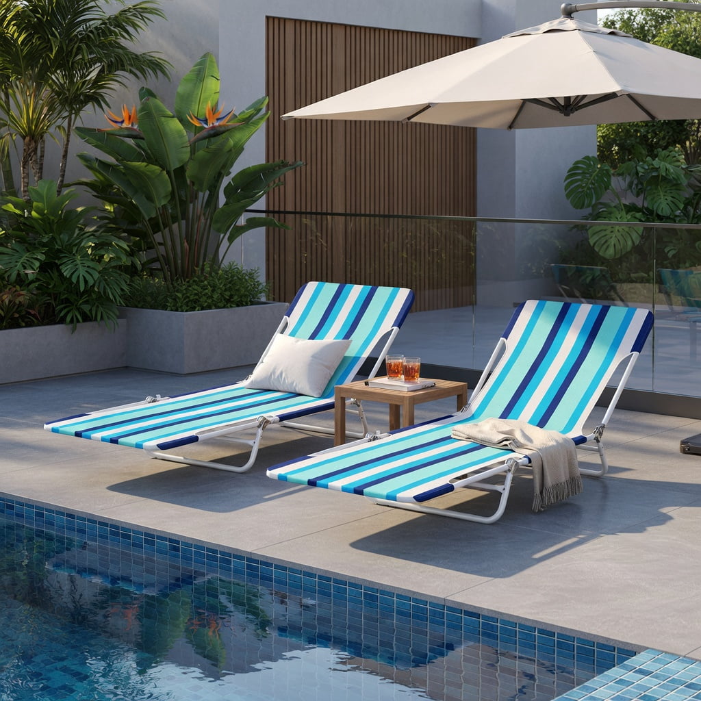 Hommoo 2-Pack Adjustable 5-Position Lay-Flat Beach Lounge Chairs with Carry Strap, Heavy-Duty 600D Oxford & Steel Frame, Blue
