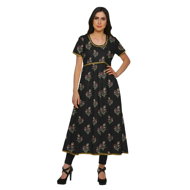 Moomaya Robes Imprimées à Fente avant pour Femmes Kurti à Manches Courtes Tenue d'Été