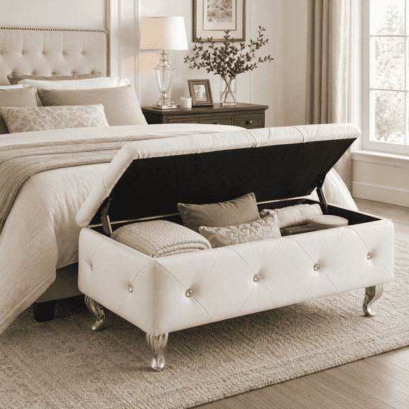 Pearl White Tufted Leather Storage Ottoman Bench with Hidden Storage,End of Bed Bench for Bedroom,Entryway Shoe Seat,Living Room Ottoman Footrest,Crystal Buttons,Silver Legs